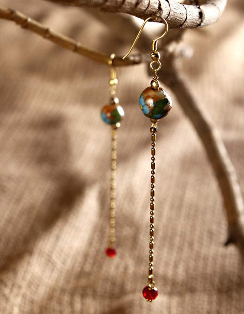 Blue Pottery Bead With Chain Earring (Brown)